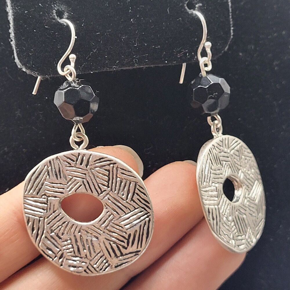 Fashion SIlver Black Stone Dangle Drop Earrings 2.25in